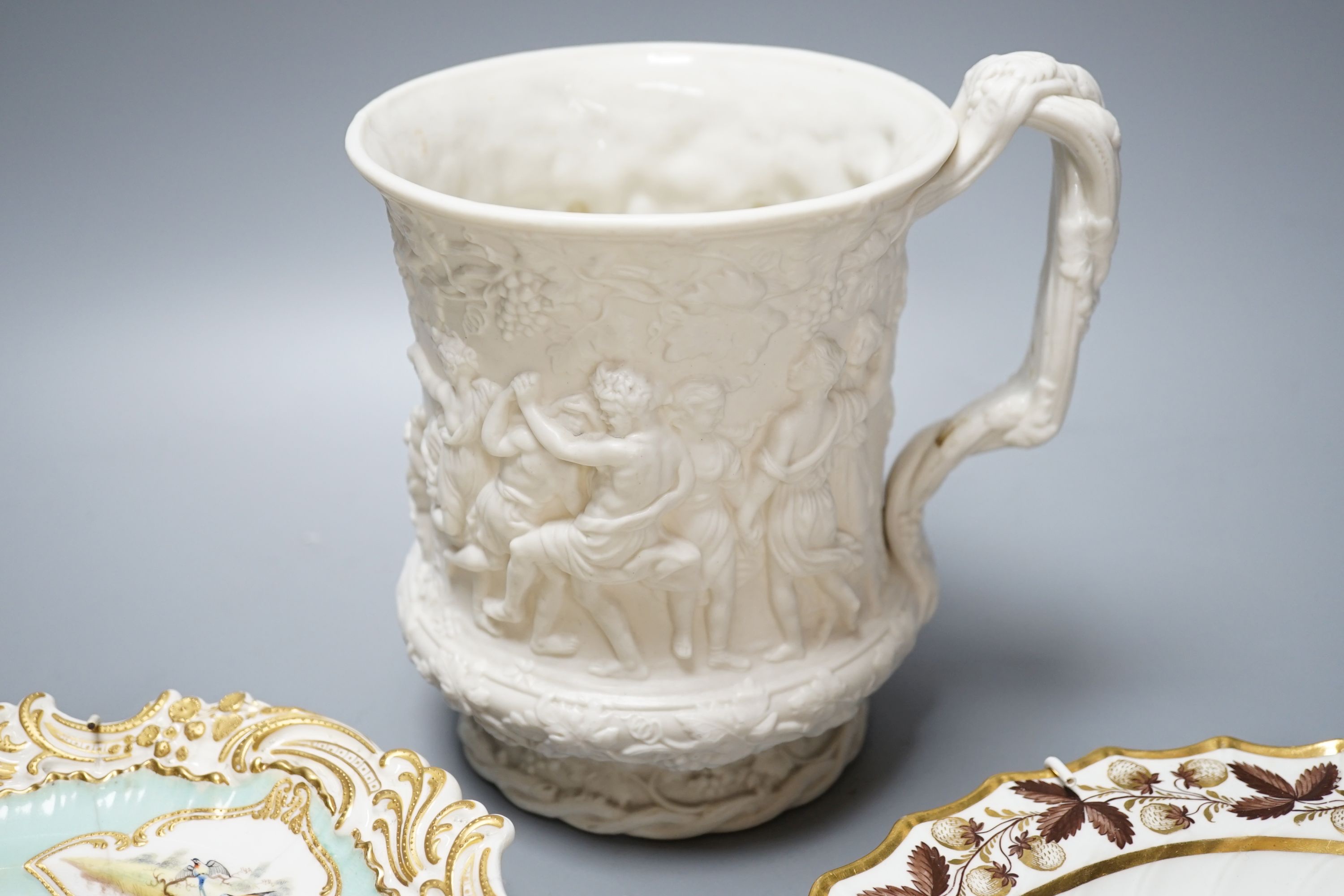 A Flight & Barr, Worcester plate painted with a view of Ennischerry, Dublin, 23cm, another by Davenport and a Charles Meigh relief-moulded parian jug